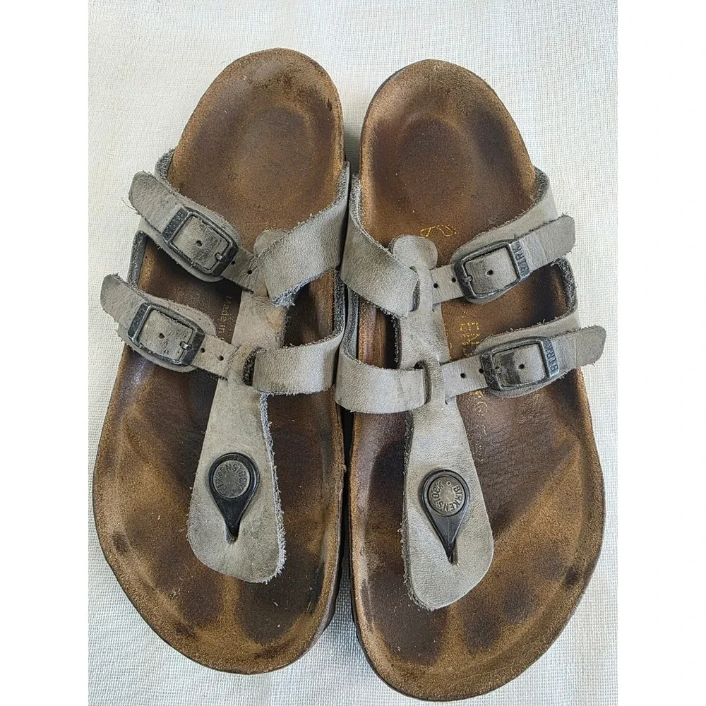 Birkenstock Mayari Stone Gray Nubuck Leather Toe‎ Loop Sandals Womens 38 granola